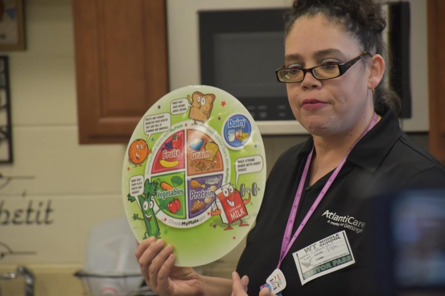 Christine Guzman from AtlantiCare holds up the MyPlate visual to help studentsbetter understand how to create a balanced meal.