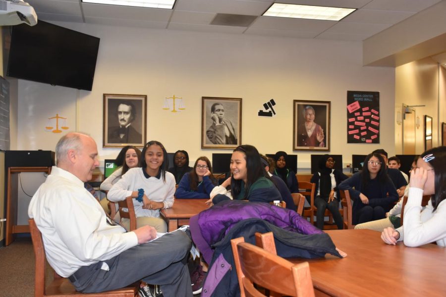 Judge Castle shares an amusing anecdote with SGA and NJHS members during his visit.