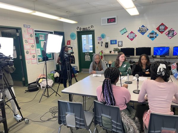 Tv Production students along with school counselors, Ms. Kimbrough, Ms. Reid, and Ms. Hallinan recording a Mindfulness Monday segment on self love and building self esteem.